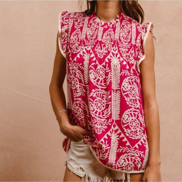 **BiBi Printed Ruffle Sleeve Top Pink and White Batik Print Women's Top - Picture 12 of 15